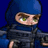 Pixelated figure with blue hooded garment against solid blue background, green eyes visible, brown eyebrows, and dark clothing with light skin tone on visible arm.