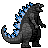 Pixelated creature with dark gray body, blue and white dorsal fins, tail curled upward, standing on two legs against light gray background.