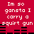 Red background with white pixelated text repeating "Im so gangsta I carry a squirt gun" and black horizontal bars in two