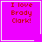 Four identical pink square with red text "I love Brady Clark!" and white borders, each containing a distinct small symbol in the corner