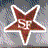 A 48x48 pixel animated contact sheet showing three frames of a buddy icon with a red star logo, stylized text, and a portrait frame on a gray background.
