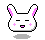Pixel art bunny head with pink inner ears and cheeks, four distinct facial expressions on a gray background.