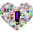 Heart-shaped pixel mosaic with purple text reading 'I Love iPods!!' over a multicolored background.