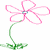 Pixelated pink flower with five rounded petals, green stem curving left to right, and small green leaves at base on white background.