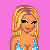Pixel art contact sheet showing a bikini-clad character with blonde hair and blue star-patterned swimwear against a pink background, with three text boxes reading 'eat', 'my', and 'bubbles' below.