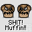 Pixelated brown muffin with black icing eyes and mouth, displayed in a of showing text changes above the muffin