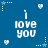 Blue background with repeated white pixelated text "i love you" and scattered star/heart symbols.