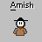 Pixel art buddy icon featuring a character with a black hat, white face, brown beard, and brown shirt against gray background with text elements.