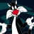 Pixelated cartoon cat with black and white fur, red nose, and teal background in a static 48x48 icon format.