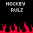 Pixelated text 'HOCKEY RULZ' appears twice on a black background above red flame-like shapes.