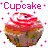Pixelated cupcake icon with pink text 'Cupcake' above, surrounded by small pink plus signs on white background.