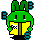 Green cartoon character with yellow chest and black eyes, holding checkered flag in left hand, surrounded by blue 'B' letters on gray background.