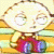 Pixelated cartoon character with large round head, closed eyes, and red lower body against yellow background.