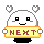 Pixelated character with white rounded head, black square eyes, red cheeks, and smiling mouth holding yellow sign reading 'NEXT' against gray background.