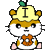 Pixelated hamster character with brown and white fur, pink paws, orange bow tie, green leaf on head, wearing yellow hat with text.