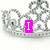 A silver crown with intricate scrollwork and gem-like details appears in four , each displaying different pink text overlays