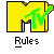 A 5x5 contact sheet of animated MTV logo frames showing color variations and text labels, each frame featuring a stylized 'MTV' logo with the word 'Rules' below it on a gray background.
