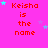 A bright pink background displays repeated red text reading "Keisha is the name" with scattered blue and purple stars, some of which shift position across frames.