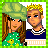 Pixel art of two figures with a green background; one wears a green hat and duck-patterned shirt, the other has blonde hair and layered necklaces.