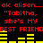 Red pixelated text on black background repeats 'ok alison... ok alison...' and 'Tabitha, she's MY BEST FRIEND' with yellow horizontal bars below.
