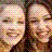 Two people with brown hair smiling on a pixelated image, split into four quadrants with text overlays in red and pink.