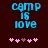 Pixelated blue text 'camp is love' on dark background with pink heart symbols below, two variations of heart arrangement visible.
