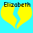 Two yellow broken hearts with black text 'Elizabeth' above each on a cyan background.