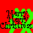 Red background with green snowflake shapes and black text reading 'Merry Christmas' in a pixelated font.