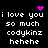 Black background with white pixelated text reading "i love you so much codykinz hehehe" in two , accompanied by pink pixelated heart and starburst symbols