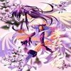 Anime-style character with long flowing purple hair, wearing a white and purple outfit with orange accents, posed dynamically against a soft pink background.