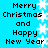 Pixelated blue background with white snowflakes and black text reading "Merry Christmas and Happy New Year" in two vertical