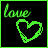 Six square each display the word 'love' above a heart symbol, with distinct neon colors and pixelated outlines on black backgrounds