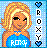 Pixelated icon of a blonde woman with winking eyes wearing a blue top, surrounded by heart symbols and the text ROXY.