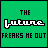 Green square icon with pixelated text 'THE FUTURE' and 'FEARS ME OUT', featuring animated white sparkles in the bottom-right corner.
