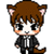 Pixel art character with brown hair, cat ears, and tail in black suit with white shirt, showing six distinct facial expressions across two