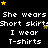 Black background with white pixelated text repeating 'She wears Short skirt' and 'I wear T-shirts' in four , scattered yellow and brown stars