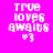 Pixelated text 'TRUE LOVES AWAITS ♡3' on four colored backgrounds in a , with two pink and two red