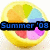 Two side-by-side lemon slices with colorful segments and a black banner reading 'Summer '08' in blue text on the left slice and green text on the right slice.