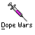 Pixelated syringe with purple liquid and black-and-white handle, positioned above stylized text reading 'Dope Wars' on gray background.