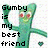 Two green Gumby figures with red eyes and yellow smiles, each holding a heart-shaped object, display text on their sides.