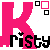 Pixelated pink 'K' with black text variations and small square patterns on white background.