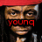 Pixelated image of a person with long dark hair wearing a red cap and white shirt, with overlaid text reading 'young' and 'baybee' in different colors.
