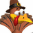 Pixelated turkey wearing a pilgrim hat with a buckle, holding a yellow cornucopia against a white and brown background with text.