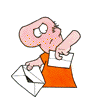 Animated cartoon character in orange shirt repeatedly opens gray envelope with hand, showing varied facial expressions and small blue sparkles near head.