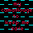 A static digital image displays repeating text in red and cyan on a black background with alternating light blue squares.