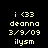 Pixelated text and symbols on a black background with light-colored characters, including 'i <33', 'deonna', '3/9/09', and 'ilysm' arranged vertically.