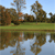 Pixelated landscape with trees, grass, and water reflection under a light blue sky.