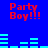 Blue background with red "Party Boy!!!" text and cyan bar graphs in four quadrants, animated bar graph changes across frames.