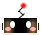 Pixelated character with black face, white eyes, pink cheeks, and a flower on its head; flowers alternate between red and yellow.