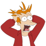 Cartoon character with spiky orange hair, wide eyes, and mouth open in a scream, wearing a red jacket over a white shirt, hands gripping head.